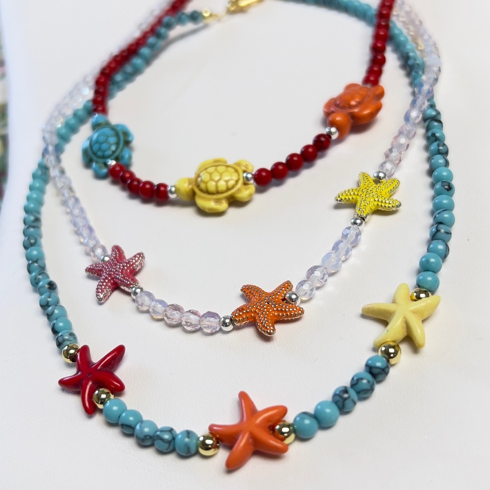 Colorful Starfish and Natural Stone Necklace. 925 Sterling Silver